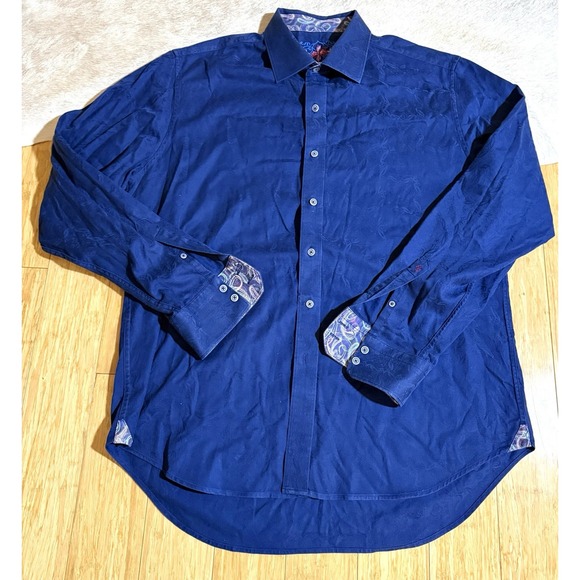 Robert Graham Mens Size XL Blue Paisley Floral Jacquard Flip Cuff Button Up - Picture 3 of 6
